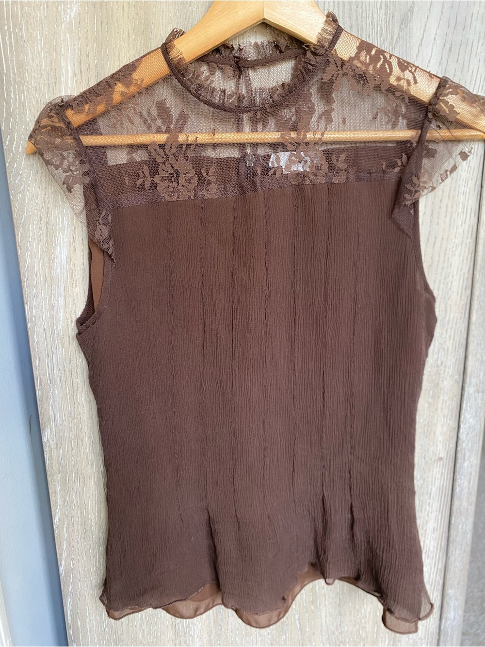 Silk Lace Yoke Brown Women's Top - S